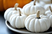 White mini pumpkins arranged on ceramic plate with selective focus, creating modern minimalist autumn decor composition against dark background.