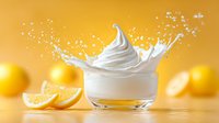 Fresh cream splash in glass bowl with lemon slices and citrus fruits on yellow background, dynamic food photography for dairy products and desserts.