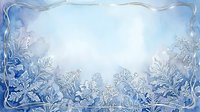 Frost-covered plants and ice crystals frame a luminous winter landscape with soft blue and white tones, creating an isolated frozen border design suitable for seasonal backgrounds and holiday projects.