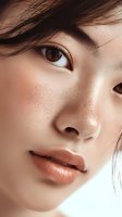 Close-up of Asian woman with freckles, brown eyes, and glossy lips showing natural beauty and flawless skin texture for cosmetic advertising.