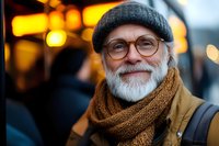 Senior Caucasian man with white beard wearing glasses, knit cap and brown scarf smiling outdoors with warm evening bokeh lights in background, expressing joy and wisdom.