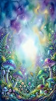 Enchanted forest floor with luminescent mushrooms and magical plants beneath a cosmic sky filled with stars and nebula clouds in vibrant watercolor style for fantasy and mystical designs.