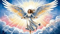 Majestic angel with outstretched white wings soaring through heavenly clouds with divine golden sunlight rays creating spiritual atmosphere for faith concepts.