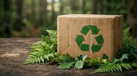 Eco-friendly cardboard package with green recycling symbol surrounded by fresh ferns and moss on rustic wooden surface in natural forest setting.