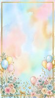 Watercolor birthday party frame with pastel balloons, roses and floral decorations on rainbow background for celebration invitations and greeting cards.