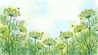 Young insects pollinating delicate green wildflowers and plants in a natural meadow setting. Watercolor botanical illustration suitable for nature-themed designs, educational materials, and eco-friendly branding projects.
