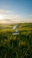 Miniature glass greenhouse structure placed in lush green field with blue sky, representing sustainable agriculture, renewable energy, and environmental conservation concepts for eco-friendly design projects.