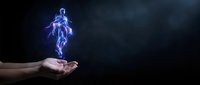 Glowing blue electric human figure floating above open palm against dark background. Energy manipulation concept for technology and power themes.