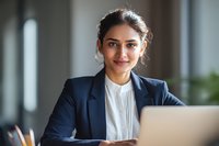 Professional woman in navy blazer and white blouse working on laptop in modern office environment with soft natural lighting.
