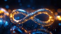 Glowing infinity symbol made of golden and blue sparkling particles floating against dark background with bokeh lights for concepts and designs.
