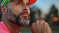 Middle-aged bearded Hispanic man in pink sportswear and cap looking up thoughtfully during outdoor workout at sunset, expressing determination and focus.