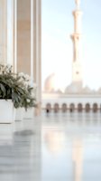 Elegant white marble corridor with potted plants and soft reflections, leading to mosque architecture with minarets and domes in dreamy morning light.