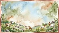 Watercolor pastoral landscape with grazing deer and goats in meadow surrounded by wildflowers and ferns, cloudy sky background, suitable for nursery decor and nature illustrations.