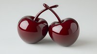 Glossy red cherries with stems intertwined on white background, realistic rendering showing reflection and depth. Fresh fruit design element for food packaging and menus.