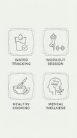 Minimalist wellness icons set featuring water tracking, workout session, healthy cooking and mental wellness symbols in neutral beige tones for lifestyle apps.