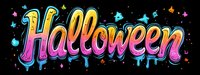 Colorful gradient Halloween lettering with dripping effect and decorative stars and butterflies on black background, festive holiday typography design.