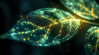 Glowing green leaf with magical light particles and golden sparkles on dark background creates ethereal nature atmosphere. Macro photography reveals delicate details.