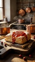 Flaky puff pastry topped with glossy red jam on rustic wooden board in traditional kitchen with copper cookware and steaming pots creating cozy baking atmosphere.