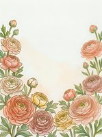 Watercolor ranunculus floral border frame in soft pink, peach and yellow tones with green leaves, copy space for wedding or greeting card.