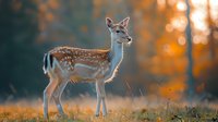 Young fallow deer fawn with spotted coat standing in autumn forest meadow at golden hour, warm orange background.