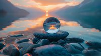 Crystal ball on stacked stones at lake shore reflecting golden sunset between mountains, creating serene meditation atmosphere.