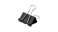 Black binder clip with metal handles isolated on white background, ready for office and design use.
