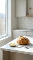 Fresh baked artisan bread loaf with butter on marble countertop in bright minimalist kitchen with window light and white cabinetry.
