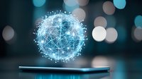 Digital network sphere with glowing connections floating above smartphone screen against bokeh lights background for technology and connectivity concepts.
