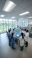 Medical team examining holographic brain projection in modern hospital laboratory for neurological research and diagnosis.