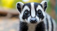 Close up portrait of striped black and white spotted skunk with distinctive facial markings and bright eyes looking directly at camera against blurred natural background.