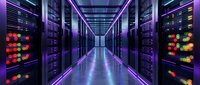 Modern data center server room with purple neon lighting and colorful LED indicators creating futuristic technology atmosphere for business presentations.