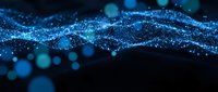 Abstract blue glowing particle wave with bokeh lights on dark background for technology, data visualization, and digital design projects.
