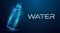 Digital wireframe water bottle with glowing particles on dark blue background. Modern tech design for hydration apps, beverage branding and wellness concepts.