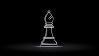 White outlined chess bishop piece glowing on dark background with reflection. Strategic thinking, leadership and business planning concept.