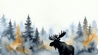 Watercolor moose silhouette in misty forest with pine trees and autumn colors on white background for nature design projects.