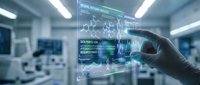 Medical professional interacting with futuristic holographic interface displaying patient data and analytics in modern hospital laboratory setting.