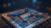 Modern CPU processor chip with glowing circuit pathways and electronic components on dark background for technology and computing concepts.