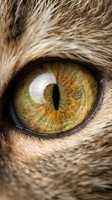 Extreme close-up of a feline eye with golden-amber iris, vertical slit pupil, and soft brown fur surrounding the eye. Suitable for wildlife, animal behavior, and nature content.