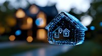 Glowing blue house silhouette with bokeh lights creates magical evening atmosphere. Small illuminated homes in background add depth to dreamy residential scene.