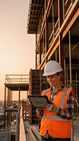 Female construction engineer using tablet at building site during golden hour sunset reviewing project plans and safety protocols.