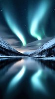 Aurora borealis dancing over frozen mountain landscape with calm lake reflection, northern lights display for nature and astronomy backgrounds.