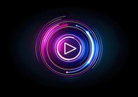 Glowing neon play button icon with pink and blue light trails in circular motion on black background, modern multimedia symbol for video and music players.
