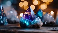 Raw amethyst crystal cluster with blue aura glow against blurred golden bokeh background, mystical mineral specimen on dark surface creates magical atmosphere.