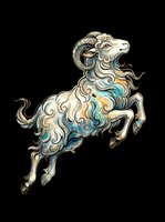 Ornate Aries ram leaping with swirling teal and gold details, isolated on transparent background, ready for zodiac clipart, stickers, t-shirt design, and print on demand.