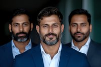 Three confident South Asian businessmen in formal attire standing together, center figure with salt and pepper beard wearing navy suit. Professional corporate portrait.