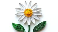 Paper quilling art of white daisy flower with yellow center and green leaves on white background, handcrafted decorative element for creative design.