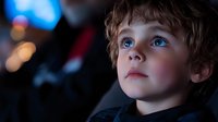 Young boy with bright blue eyes and curly blonde hair gazing upward with wonder and amazement against dark background with soft bokeh lights creating magical atmosphere.