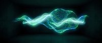 Abstract glowing turquoise wave with particle effects on dark background, suitable for technology, science, and digital design projects.