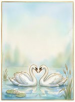 Two white swans form a heart shape on a serene lake surrounded by water lilies and cattails, with misty forest backdrop. Romantic wildlife scene for wedding invitations and love-themed designs.