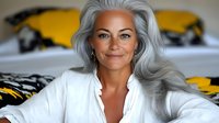 Confident mature woman with silver gray hair smiling warmly while relaxing on bed with yellow and black decorative pillows. Natural aging and self-acceptance concept.